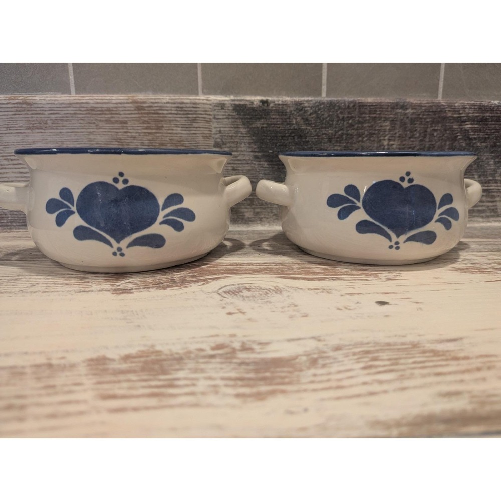 Set Of 2 NCE 1986 Soup Crock Bowl Double Handle Heart Design Stoneware 2